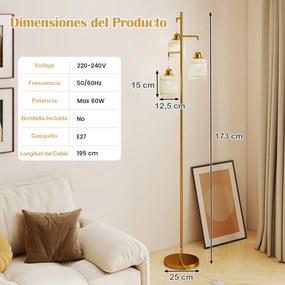 Candeeiro de pé vintage com 3 luzes 25x25x173 cm, abajur de papel tecido, interruptor de pedal, estrutura metálica, para sala, quarto ou escritório, D