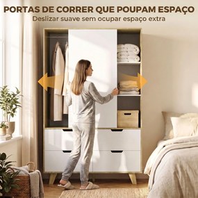 Roupeiro Moderno com Portas de Correr Varão Prateleiras Ajustáveis e 4 Gavetas cor Carvalho e Branco