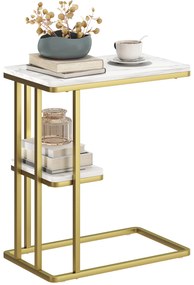 Mesa Auxiliar Estrutura em C Mesa Auxiliar Estreita de 2 Níveis com Prateleira 50x30x57,5 cm Branco  Efeito Mármore e doiurada