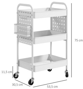 Carrinho Auxiliar com Rodas de Aço com 3 Bandejas 2 Cestos e 6 Ganchos para Cozinha Casa de Banho 53,5x30,5x75 cm Branco