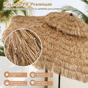 Guarda-sol Tiki 299 cm de praia estilo havaiano com manivela Ajuste fácil da inclinação Tampa ventilada 8 varas Natural+Preto