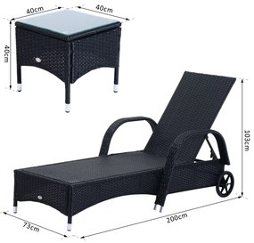 Conjunto de 2 Espreguiçadeira + 1 Mesa Ratan para Jardim ou Terraço Cadeiras com Almofada e Encosto Ajustável a 5 Níveis - Preto
