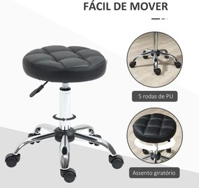 Banco Giratório com Rodas Altura Ajustável entre 48-63cm Banco de Trabalho Estofado em Couro PU para Salão Dentista Diâmetro Ø35,5cm Preto