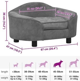Sofá para cães 67x47x36 cm pelúcia cinzento