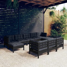 vidaXL 10 pcs conjunto lounge jardim c/ almofadões pinho maciço preto