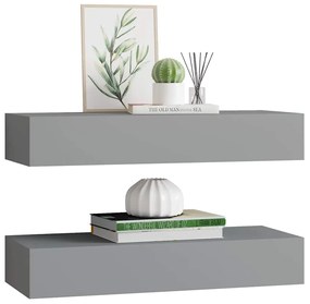 Prateleiras de parede c/ gavetas 2pcs MDF 60x23,5x10cm cinzento