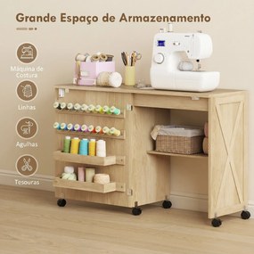 Mesa Dobrável para Máquina de Costura com Porta Magnética, 2 Compartimentos, Prateleira, 18 Suportes para Linhas e 5 Rodas, Madeira Natural