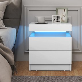 Mesa de cabeceira com luzes LED, 2 gavetas de arrumação, acabamento brilhante e textura de mármore branca
