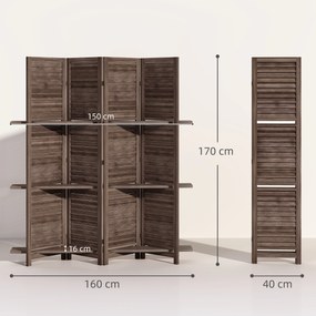 Biombo de interior em madeira com 4 painéis, 160 x 170 cm, divisória dobrável com 3 prateleiras, nogueira