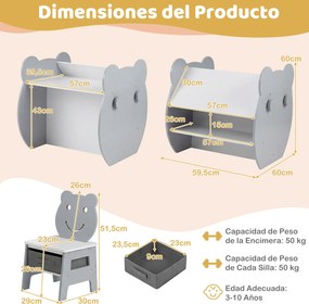 Mesa e cadeira infantil 3 em 1 com tema de urso, secretária infantil com quadro de giz de dupla face, estante, ganchos e gaveta, para crianças dos 3 a