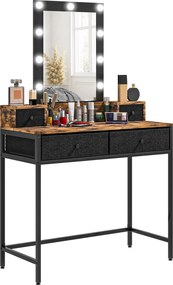 Toucador com espelho LED ajustável integrado 90 x 40 x 148 cm base em metal preto - 4 gavetas forradas a tecido castanho rústico