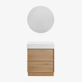 Conjunto De Móveis De Banheiro Em Madeira Jolene Com Pia Integrada Madeira Natural & Redondo Led E Anti-embaciamento Ø70 Cm Riben & Sem Torneira -