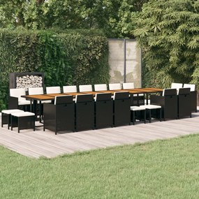 vidaXL 21 pcs conjunto jantar p/ jardim c/ almofadões vime PE preto