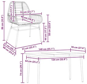 Conjunto jantar jardim 5 peças almofadas vidro vime PE castanho
