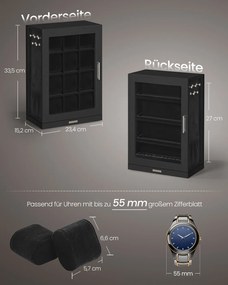 Caixa para relógios com 12 compartimentos e janelas de vidro 15,2 x 23,4 x 33,5 cm, giratória em 360°, preta