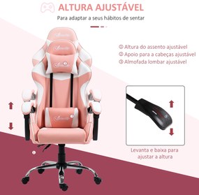 Vinsetto Cadeira Gaming Ergonômica Cadeira para Videojogos Reclinável com Altura Ajustável Apoio para a Cabeça e Almofada Lombar 63x67x122-130cm Rosa e Branco