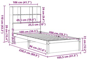 Cama com estante sem colchão 100x200 cm pinho maciço branco