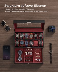 Caixa para relógios com 12 compartimentos e tampa de vidro 18,5 x 32,5 x 13,5 cm, forro interior em vermelho vinho, preta