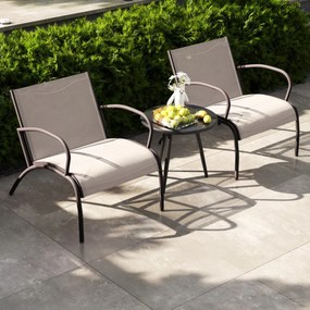 Conjunto jardim de 3 peças com 2 cadeiras com assento em tecido curvo e mesa de café redonda 81 x 63 x 73 cm Castanho claro