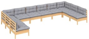 10pcs conjunto lounge de jardim + almofadões cinza pinho maciço