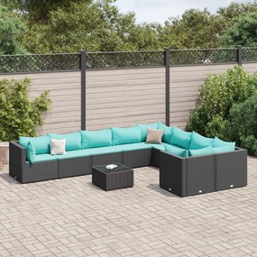 vidaXL 10 pcs conjunto sofás de jardim c/ almofadões vime PE preto