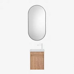 Conjunto De Móvel De Casa De Banho Suspenso Em Madeira Com Lavatório Integrado Narek Castanho Fresno & Ovale Led E Antifog Preto 50x100 Cm Asteiro & B