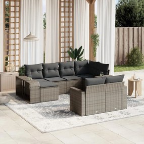 10 pcs conjunto sofás de jardim c/ almofadões vime PE cinzento