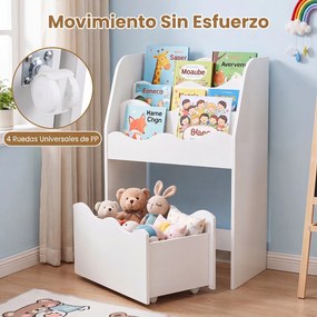 Estante Infantil de Arrumação, 49,5 x 30 x 76 cm, Gaveta Removível com Rodas, Branco