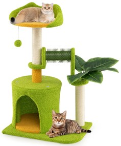 Árvore para gatos em forma de palmeira com folhas artificiais, postes de sisal, escova com pompons verde e laranja