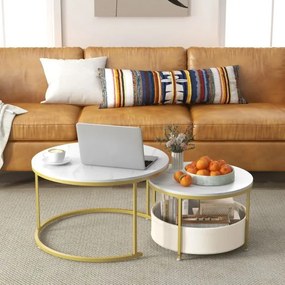 Conjunto de 2 mesas de centro redondas de 80 e 60 cm com cesto de tecido e estrutura metálica brancas e douradas