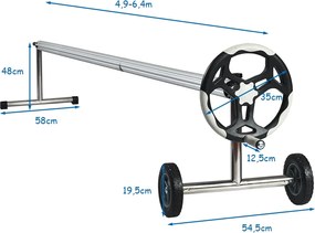 Conjunto de rolo para coberturas de piscinas (COBERTURA NÃO INCLUIDA) em alumínio com manivela e rodas  4,8 - 6,4 m Prateado