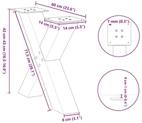 Pés para mesa de centro em formato de X, 2 peças, aço natural, 60x (42
