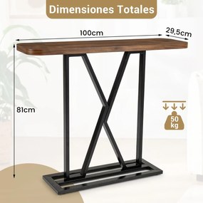 Mesa Consola de Entrada 100 x 29,5 x 81 cm com Estrutura Metálica Geométrica para Hall de Entrada Castanho Rústico