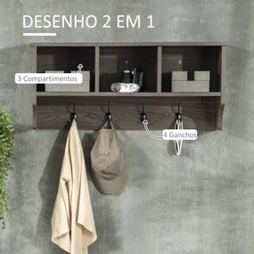Móvel Cabide de Entrada Prateleira Flutuante com 4 Ganchos e 3 Compartimentos para Roupas Bolsas para Corredor Entrada 80x24x35,5cm Cinza Escuro