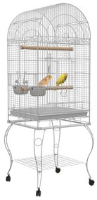 Gaiola para Pássaros com Rodas Bandeja Amovível Prateleira 2 Comedouros de Aço Inoxidável e Poleiro 51x51x153 cm Branco