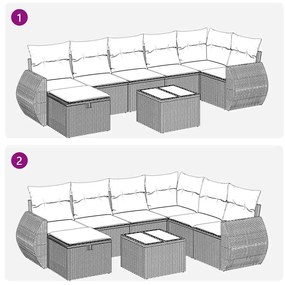 8 pcs conj. sofás jardim c/ almofadões vime PE cinzento-claro