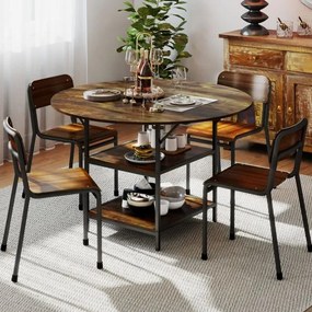 Mesa de Jantar Redonda 120 CM para 4-6 Pessoas de Cozinha Estilo Rústico com Estante Aberta de 2 Níveis Estrutura Metálica Castanha