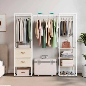 Guarda roupa Aberto Com 2 varões fixos, 1 varão extraível, 2 gavetas para tecidos e 4 prateleiras 40 x (150-180) x 180 cm bege