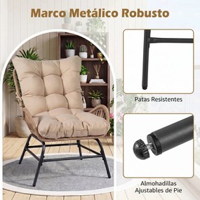 Cadeira de jardim em rattan com almofada removível, encosto alto, braços e Estrutura metálica para terraço, pátio ou varanda, com capacidade para 170