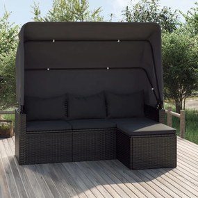 vidaXL Sofá de jardim de 3 lugares c/ teto/apoio de pés vime PE preto