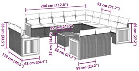 14 pcs conjunto de sofás p/ jardim c/ almofadões vime PE preto