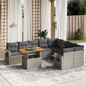 vidaXL 10 pcs conjunto sofás de jardim c/ almofadões vime PE cinzento