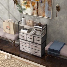 Cómoda com 7 gavetas em tecido, dobráveis e removíveis 79 x 29 x 101 cm, e prateleiras abertas, cinzenta