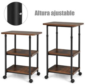 Suporte de 3 níveis para impressoras com rodas giratórias Estante de altura ajustável para escritório em casa 49 x 40 x 67/77 cm Preto e castanho