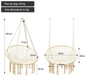 Cadeira de rede pendurar em algodão e aço com borlas Cadeira de rede até 150KG para Jardim Pátio Terraçõ Criança adulto 80 x 60 x 125 cm