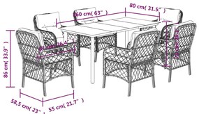 7 pcs conjunto de jantar p/ jardim com almofadões vime PE bege