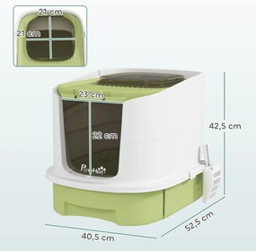 Caixa de Areia para Gatos Fechada com Entrada Frontal Saída Superior Tampa Amovível Bandeja e Pá 40,5x52,5x42,5 cm Verde