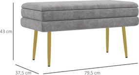 Banco com baú de arrumação 2 em 1, assento com acabamento em veludo e pés em aço - 79,5 x 37,5 x 43 cm, cinzento e dourado