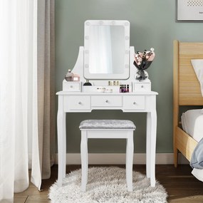 Mesa de toucador com espelho rectangular e banco com 10 lâmpadas LED 80 x 40 x 135,5 cm Branco