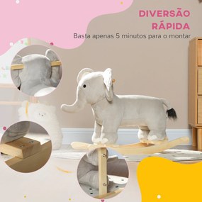 Cavalo Baloiço para Crianças Cavalo de Brincar em Forma de Elefante com Som Guiador e Base de Madeira 64,5x31x52 cm Cinzento